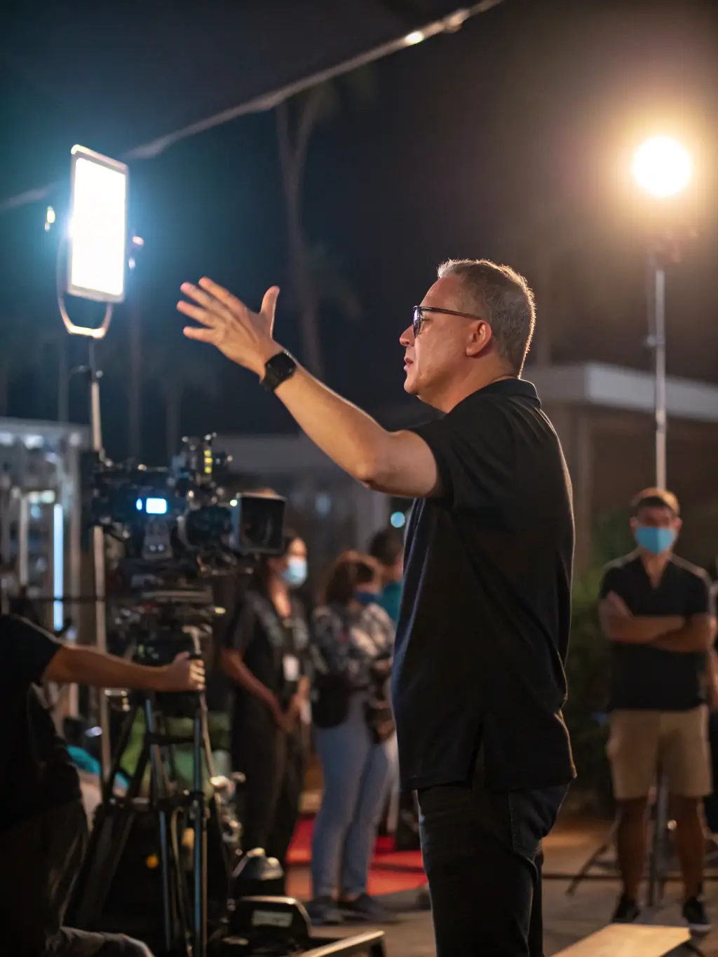 A film director reviewing footage on a monitor, with a cast and crew working in the background.