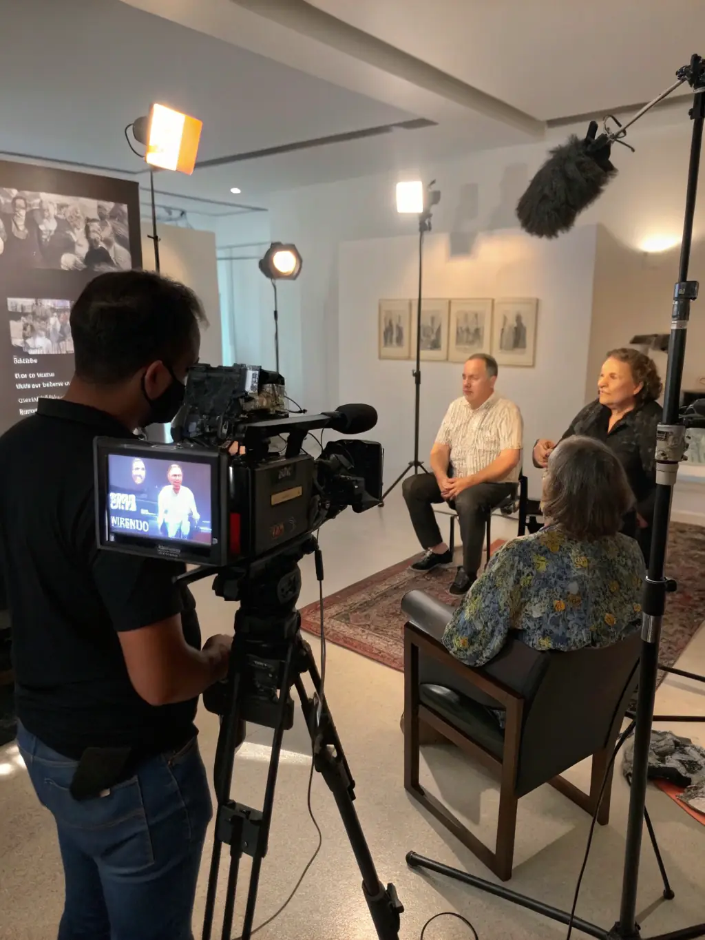 A filmmaker filming an artist in a studio, with documentary equipment and lighting setup.