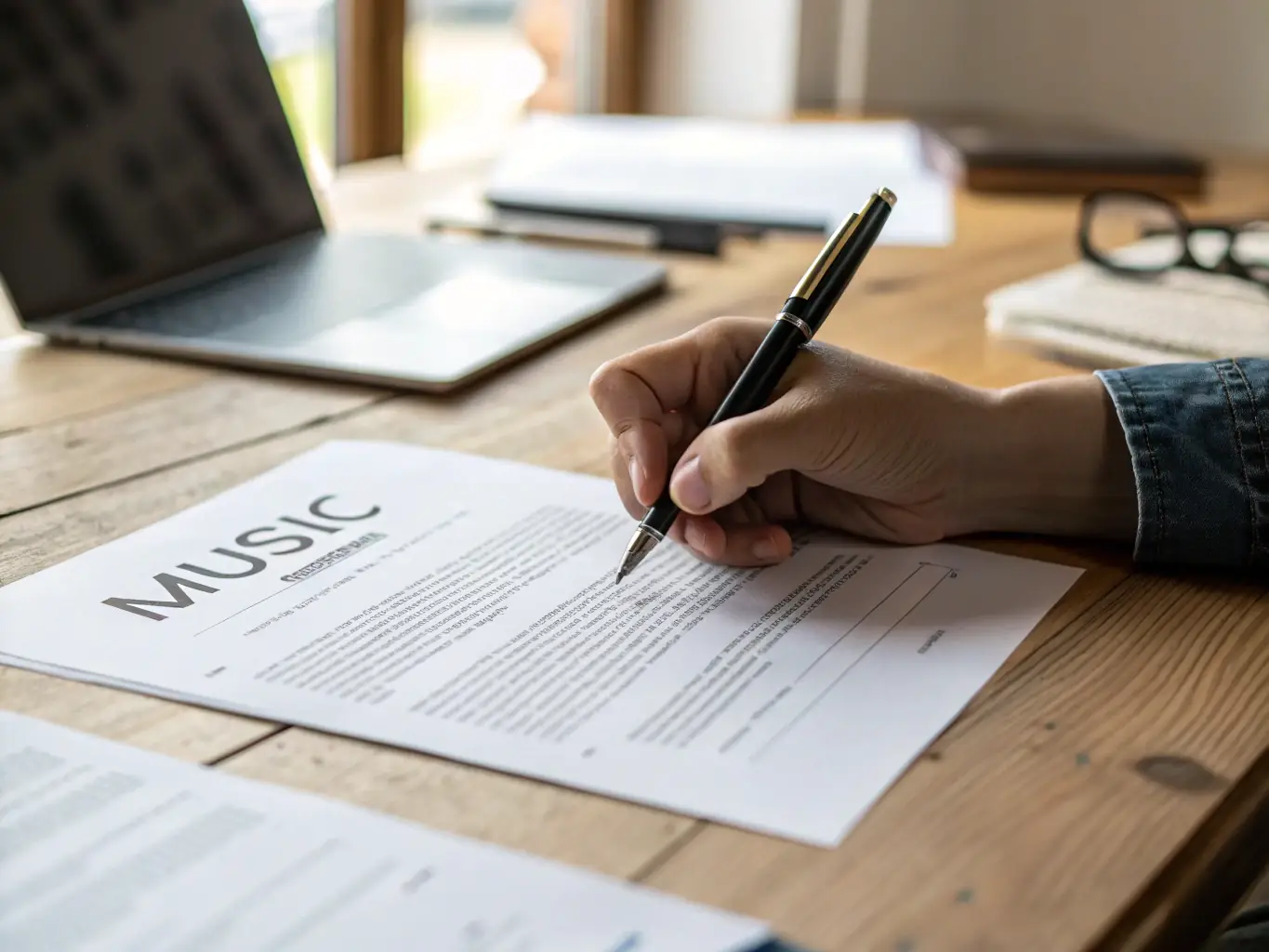 An artist signing a copyright agreement with a confident expression, with musical notes and legal documents in the background, symbolizing DOINOI's music copyright ownership assistance.