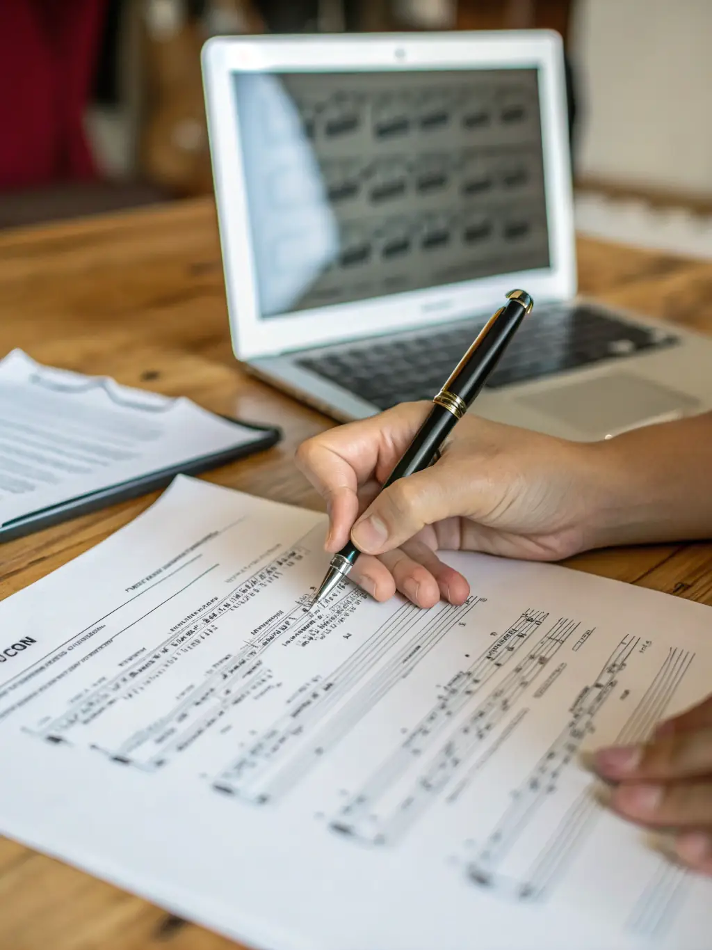 An artist signing a copyright agreement with a confident expression, with musical notes and legal documents in the background.
